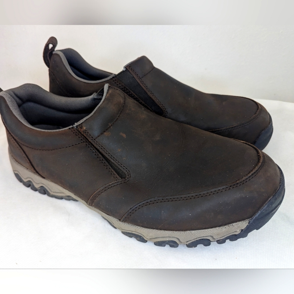 Duluth Trading Brown Leather Slip On Shoes Wild Boar Leather Mocs Size 12 W Wide
